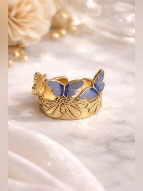 Celestial Blue Butterfly Ring Antique Brass Statement Adjustable Nature Boho
